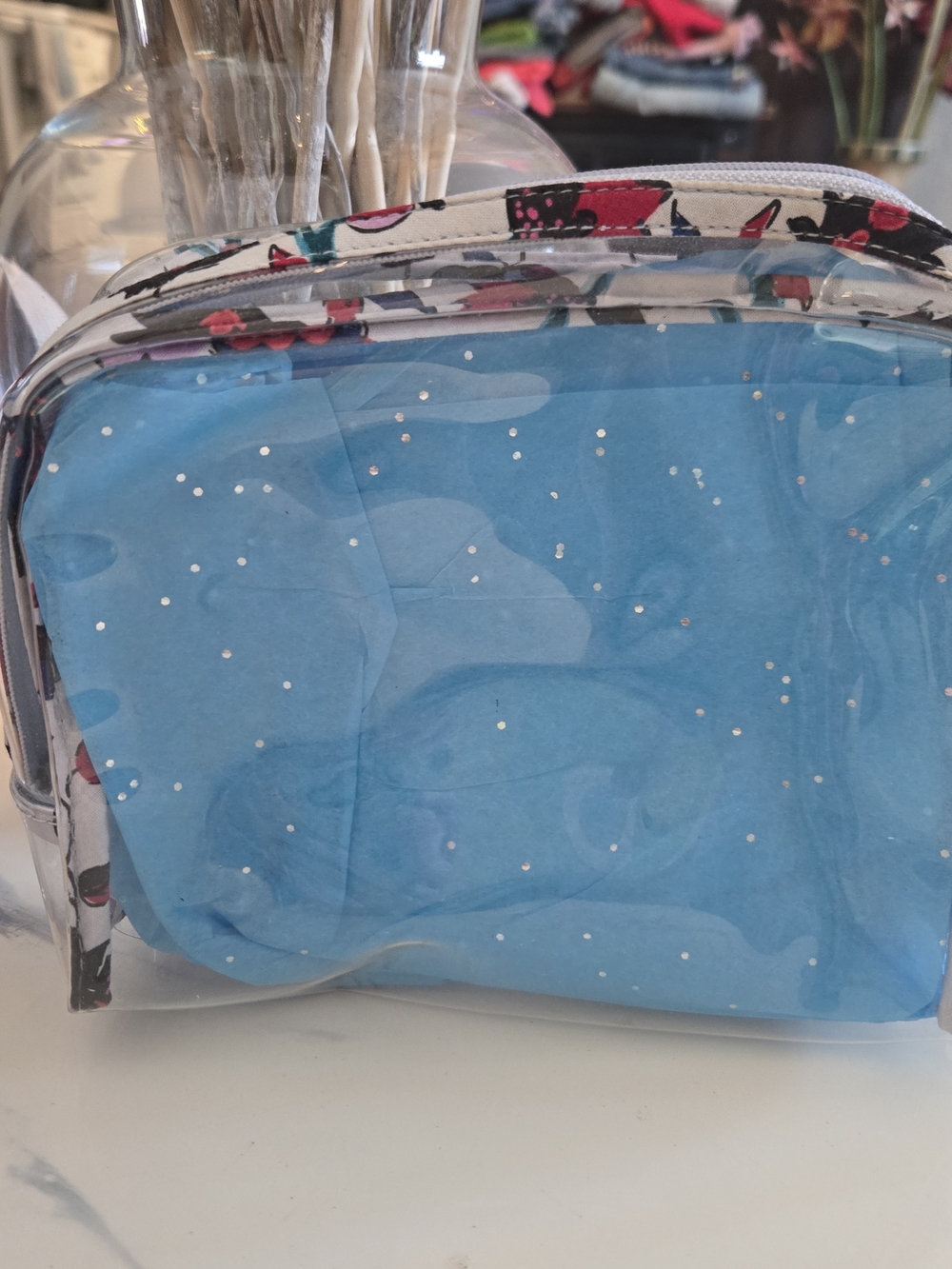 Vera Bradley Clear Cosmetic Bag with Light Blue Sparkle Insert